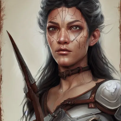 Image similar to beautiful, very strong, mixed race, female, middle aged, face, no makeup, warrior, head shot, fantasy, highly detailed, digital painting, artstation, concept art, smooth, sharp focus, illustration, art by jodie muir and brom