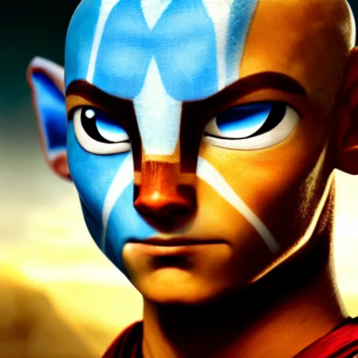 Image similar to a portrait of Avatar Aang by Zack Snyder, Christopher Nolan, Steven Spielberg, Avatar the Last Airbender, 8k photorealistic, cinematic lighting, HD, high details, dramatic