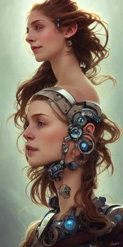 Image similar to portrait of a young ruggedly beautiful but joyful cyborg, female, femenine, upper body, aquamarine color hair, long hair, d & d, fantasy, piercing eyes, intricate, elegant, highly detailed, digital painting, artstation, concept art, matte, sharp focus, illustration, art by artgerm and greg rutkowski and alphonse mucha