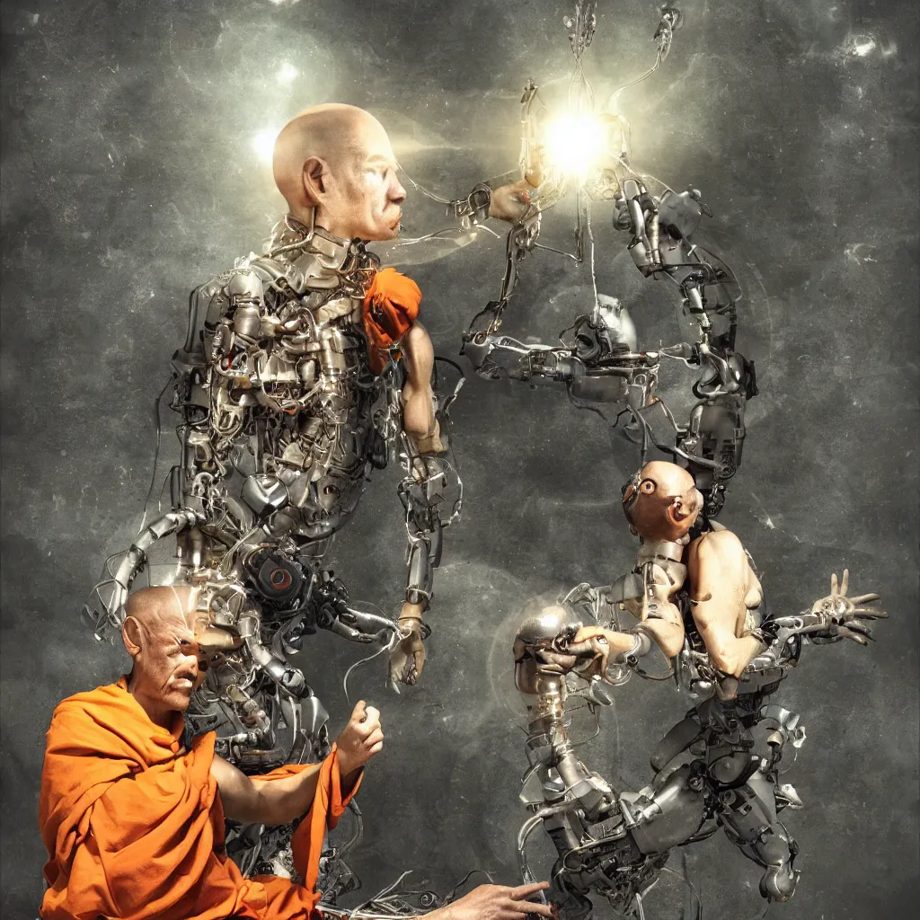 Image similar to Half cyborg half monk discovering enlightenment in a futuristic 2300