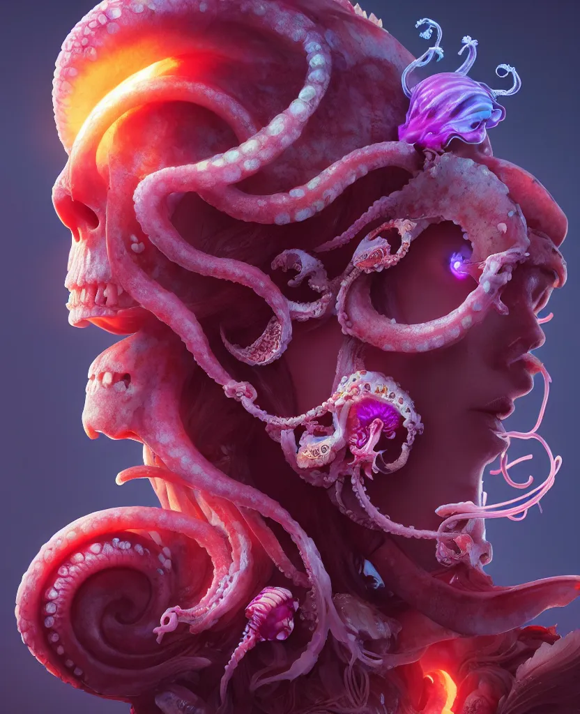 Image similar to goddess close - up portrait human skull, ram skull, squid phoenix jellyfish, orchid, betta fish, bioluminiscent, intricate artwork by tooth wu and wlop and beeple. octane render, trending on artstation, greg rutkowski very coherent symmetrical artwork. cinematic, hyper realism, high detail, octane render, 8 k