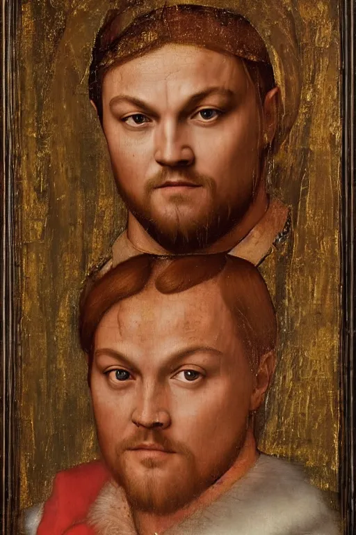 Image similar to 1 4 0 0 s renaissance portrait of leonardo dicaprio oil painting by jan van eyck, northern renaissance art, oil on canvas, wet - on - wet technique, realistic, expressive emotions, intricate textures, illusionistic detail