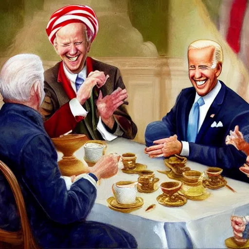 Prompt: a painting of joe biden laugh in tea party with osama bin laden, justify content center, hyper realistic content, frontal hyperdetailed realistic content, remove duplicate content