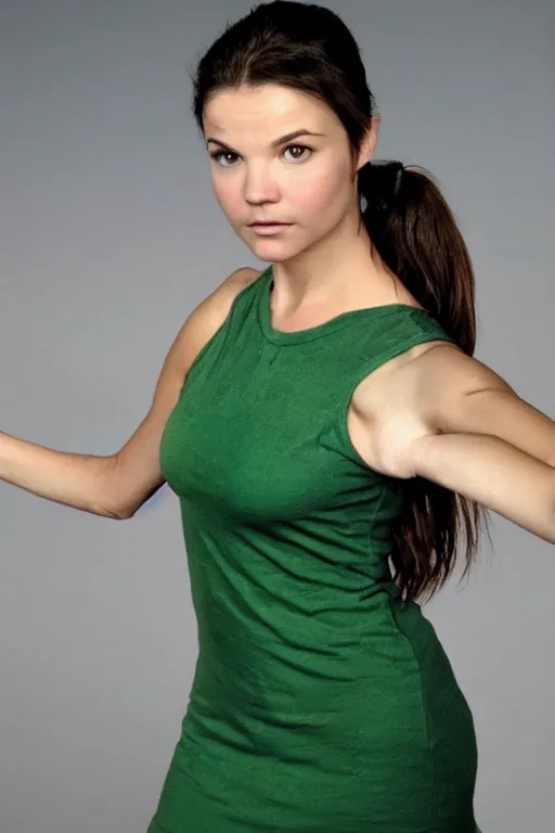 Image similar to fantasy character photo. facial expression of manic obsessive love. danielle campbell. black hair in ponytail. bright blue eyes. tall, lanky, athletic, wiry, slightly muscular. sleeveless light green dress. gleefully telling a bs story full of lies