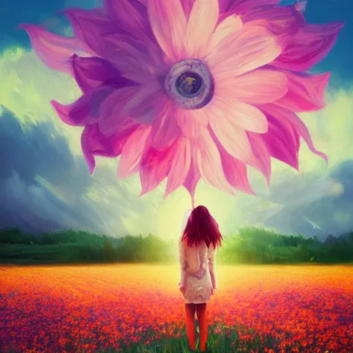 Image similar to girl with an blooming flower for a face, surreal photography, dream, standing in flower field, magical, in a valley, sunrise dramatic light, impressionist painting, colorful clouds, artstation, simon stalenhag, exploding flower face