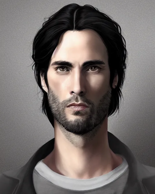 Image similar to portrait of tall, 3 3 - year - old handsome man with long dirty black hair, and grey eyes, wearing black clothes, smooth clear face, no beard, hyper realistic face, aristocratic appearance, beautiful eyes, character art, art by mark brooks, hyperdetailed, cryengine, trending on artstation, digital art