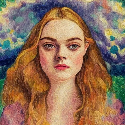 Image similar to professional painting of Elle Fanning in Prey the style of Henri-Edmond Cross, head and shoulders portrait, symmetrical facial features, smooth, sharp focus, illustration, intricate, stormy weather, extremely detailed masterpiece,