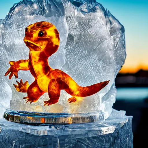 Image similar to clear ice sculpture of charmander, photography