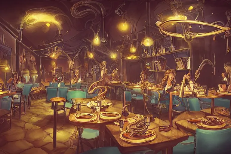 Prompt: magical restaurant serving tentacle-spaghetti to wizards, drawn by artgerm