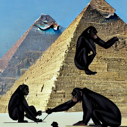 Prompt: chimpanzees building the great pyramid of giza, painting by hans glaser,