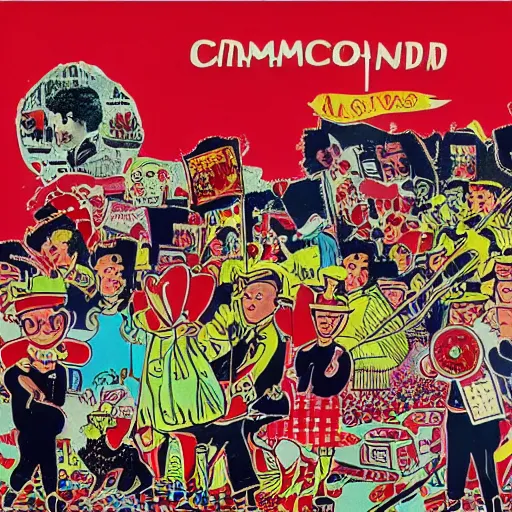 Prompt: a communist revolution in Candy Land, 1960s illustration, high quality, collage in the style of Klaus Voormann and Chinese Propaganda and Andy Warhol, album cover