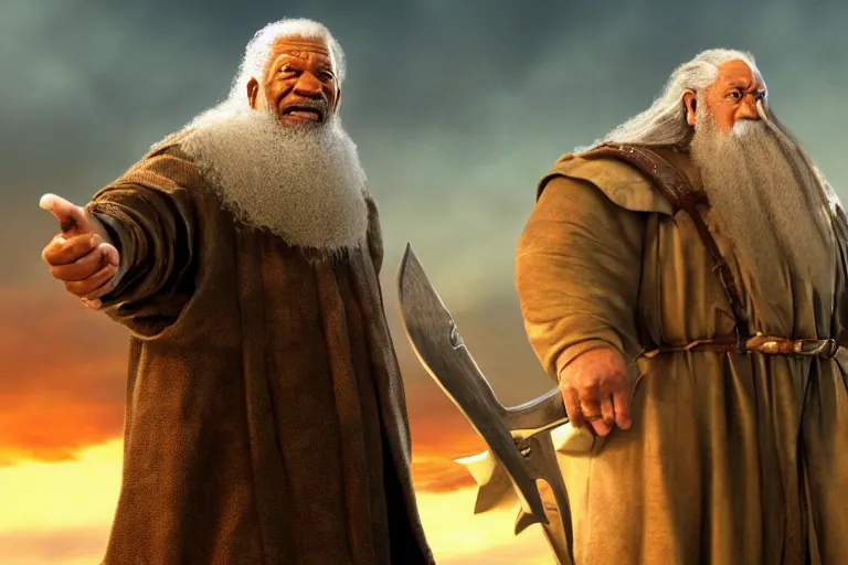 Image similar to morgan freeman starring as gimli in lord of the rings, full body, still from a pixar movie, high quality 3 d render, movie, pixar, renderman, 4 k, artstation