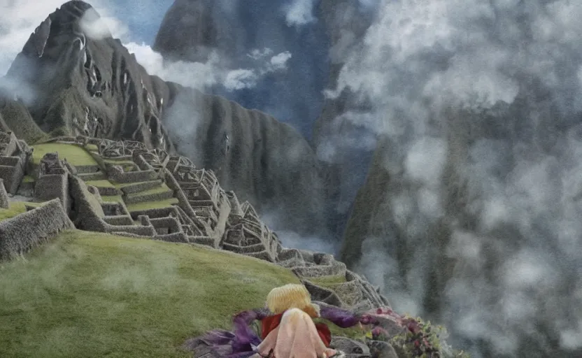 Image similar to a realistic and atmospheric watercolor from howl's moving castle ( 2 0 0 4 ) of a witch meditating in machu pichu. very dull muted colors, hd, 4 k, hq