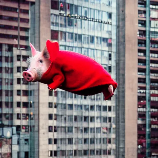 Image similar to pig in a red sweater flying in a cyberpunk city