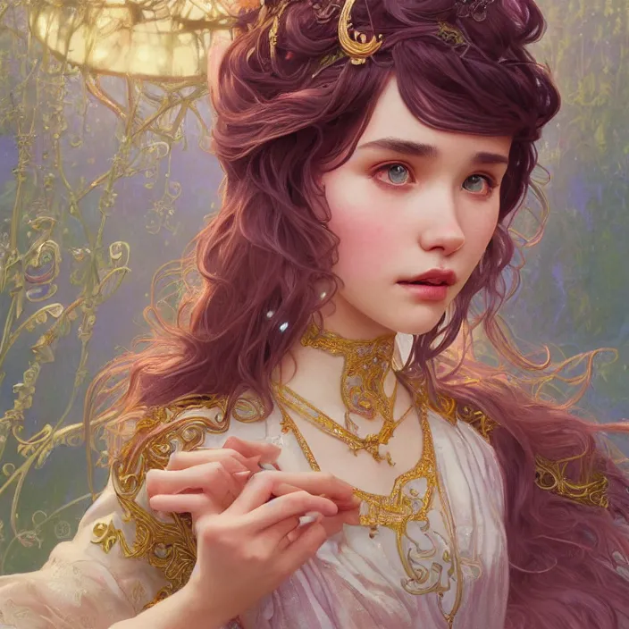 Image similar to iu close up, highly detailed, gold filigree, romantic storybook fantasy, soft cinematic lighting, award, disney concept art watercolor illustration by mandy jurgens and alphonse mucha and alena aenami, pastel color palette, featured on artstation