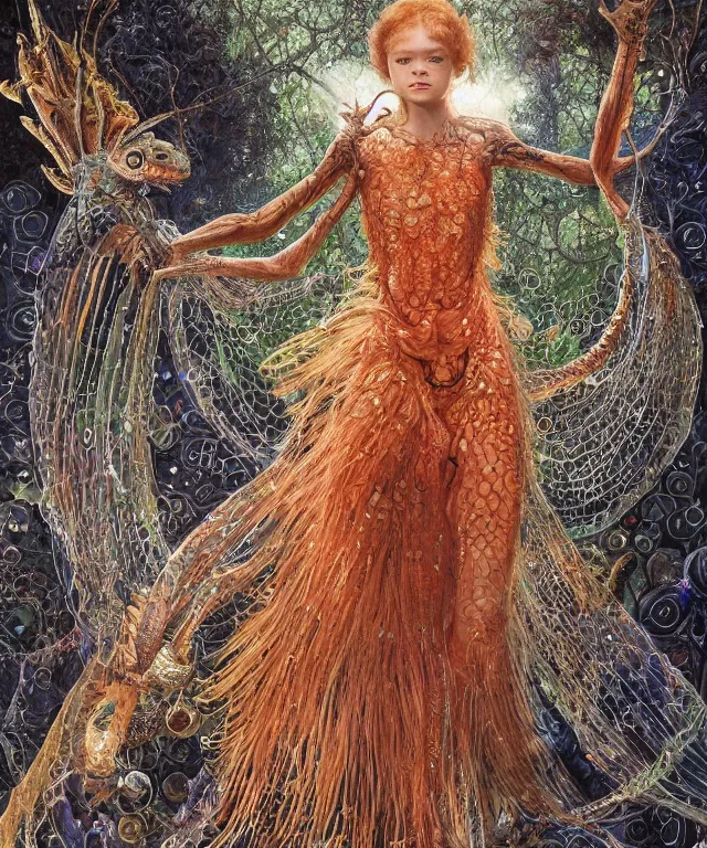 Prompt: a portrait photograph of a fierce sadie sink as a strong alien harpy queen with amphibian skin. she trying on a glowing and fiery lace shiny metal slimy organic membrane parasite lace dress and transforming into an evil insectoid snake bird. by donato giancola, walton ford, ernst haeckel, peter mohrbacher, hr giger. 8 k, cgsociety
