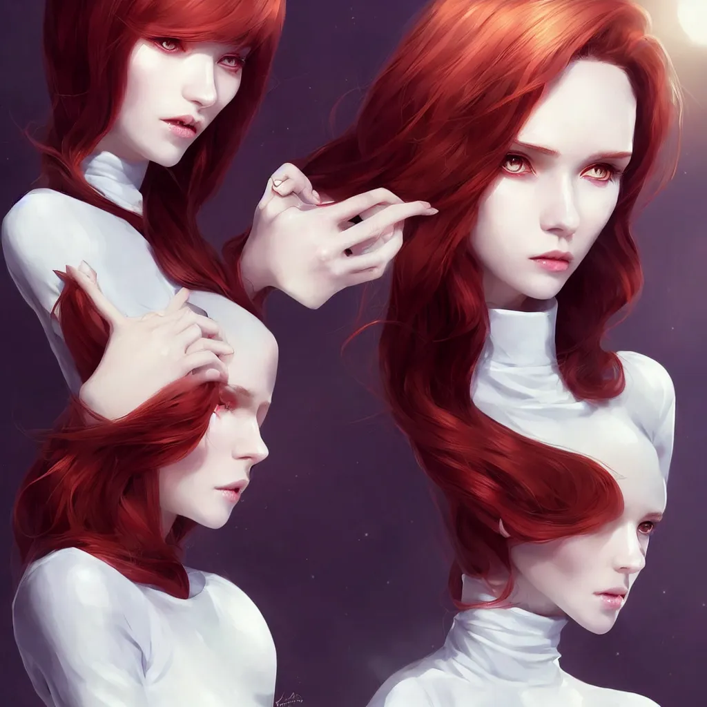 Image similar to beautiful pale vampire with auburn hair in a white turtleneck dress, on a super yacht, by guweiz and wlop and ilya kuvshinov and and moebius, artgerm, symmetrical eyes, aesthetic, gorgeous, stunning, alluring, attractive, half body portrait, artstation, deviantart, pinterest, digital art