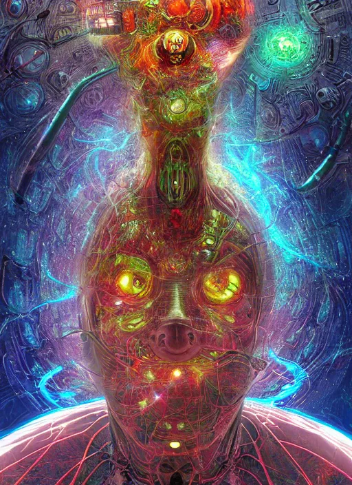 Prompt: a machine god in the machine universe encounters a living being organic cosmos inside an asymmetric orthogonal non - euclidean upside down inside out world with an infinite cosmic spiral waterfall of living information, inspired by android jones and blake foster, hyperrealistic, extreme detail, digital art, concept art, rendered in cinema 4 d, cryengine 8 k