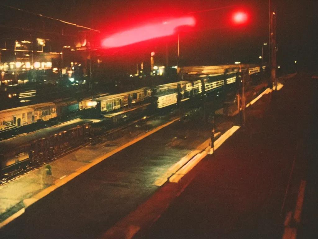 Prompt: 8 0 s movie still, cinema still, train passing by at night while bright city is in the background, 3 5 mm film photography, 8 k resolution, arri 3 5 mm cinema, hyperrealistic, photorealistic, high definition, highly detailed, tehnicolor, anamorphic lens, award - winning photography, masterpiece