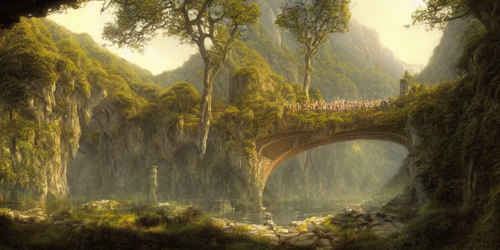 Image similar to The Pavilion at the gorge in Rivendell, evening, detailed matte painting, cinematic, Alan Lee, Artstation