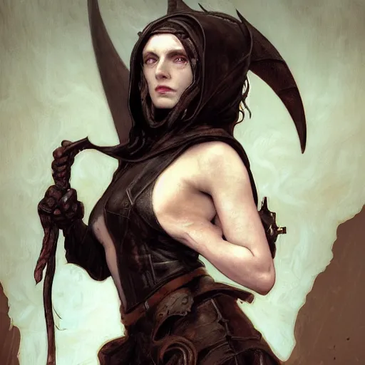 Image similar to portrait of a surly and resentful female tiefling thief with grit and small horns clothed in leather armor and a cloak, angry expression, by Greg Rutkowski and John Collier and Krenz Cushart and Artem Demura and Alphonse Mucha and Albert Aublet, as seen on ArtStation, 4k, dungeons and dragons, very aesthetic, very detailed, intricate, unreal, fantasy, dramatic, painterly, artstation, sharp focus, smooth