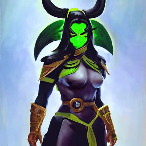 Prompt: greg manchess portrait painting of jade from mortal kombat wearing an oni halfmask as overwatch character, medium shot, asymmetrical, profile picture, organic painting, sunny day, matte painting, bold shapes, hard edges, street art, trending on artstation, by huang guangjian and gil elvgren and sachin teng
