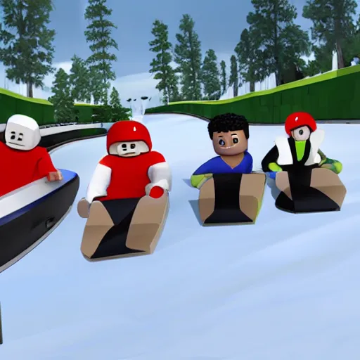 Image similar to photograph of a group of roblox avatars bobsledding in the olympics