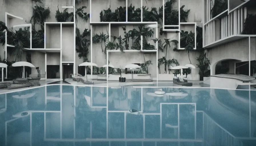 Image similar to symmetrical establishing shot of The unsettling courtyard of a monochrome modernist hotel designed by Luis Barragán, An empty swimming pool in the foreground. Walls are made of delicate lace of white slime mold. Single point perspective photographed by Wes Anderson and Andreas Gursky. Cinematic, dramatic lighting, moody, eerie, illustration, uncanny, creepy Sigma 75mm, very detailed, golden hour, Symmetrical, centered, intricate, Dynamic Range, HDR,