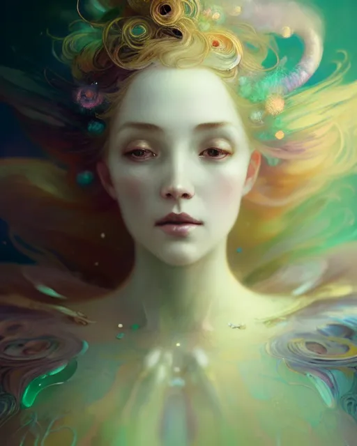 Image similar to ultrarealistic Portrait of ethereal deity wearing beautiful gown, calm, 4k digital masterpiece by Anna Dittman and Alberto Seveso Ruan Jia, rossdraws and alphonse mucha and loish and WLOP, fantasycore, Hyperdetailed, realistic digital painting, atmospheric, soft lighting, featured on Artstation