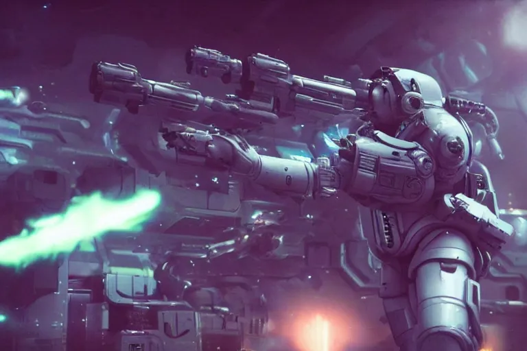 Image similar to VFX movie of a futuristic inhuman alien spacemarines in future spaceship, firing gun at space pirates detailed creature skin neon lighting by Emmanuel Lubezki