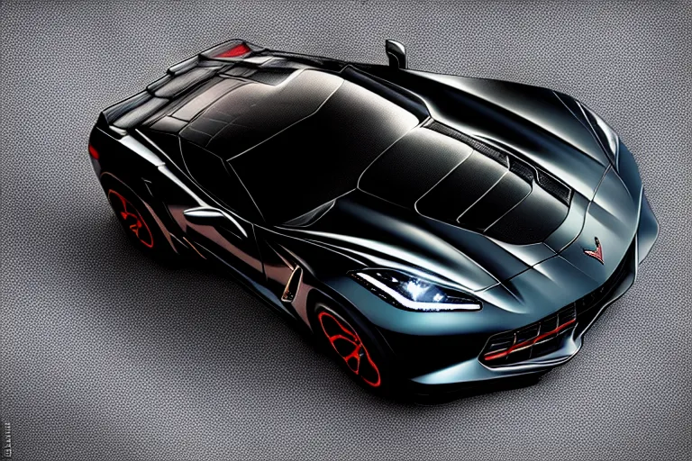 Prompt: closeup macro photo of concept corvette car on a reflective black floor, hyper detailed, smooth, high contrast, volumetric lighting, octane, jim lee, giorgetto giugiaro, craig mullins, ian callum, vibrant rich deep color