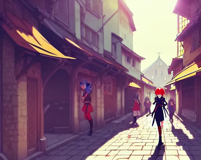 Image similar to anime still frame portrait of a young female walking through a busy medieval village, ilya kuvshinov, dynamic pose, dynamic perspective, detailed silhouette, cel shaded anime