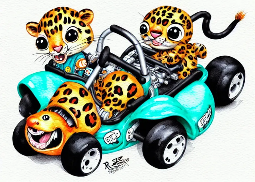 Image similar to cute and funny, baby leopard riding in a tiny go kart with oversized engine, ratfink style by ed roth, centered award winning watercolor pen illustration, isometric illustration by chihiro iwasaki, edited by range murata, tiny details by artgerm and watercolor girl, symmetrically isometrically centered