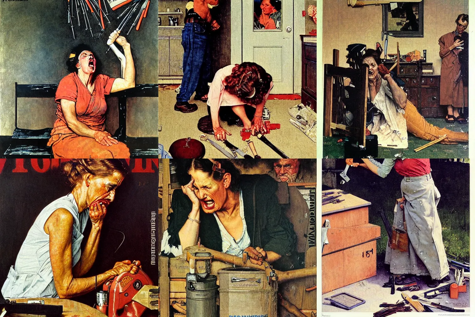 Prompt: The woman throws her tools to the ground in frustration and begins to cry because she knows that her people have never won an engagement and are doomed to extinction. Norman Rockwell painting