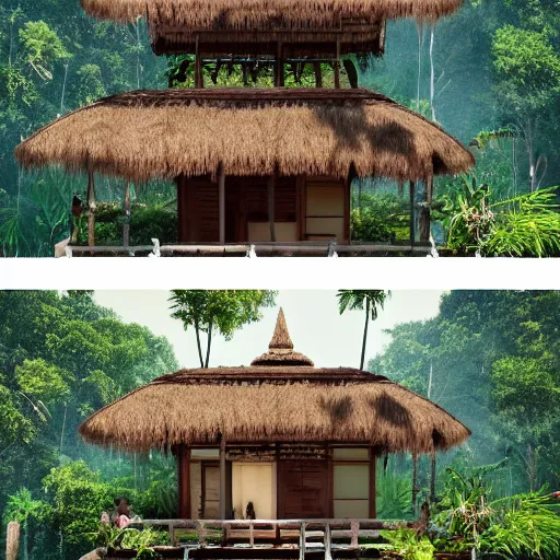 Image similar to a beautiful 3d renderings of a little house in the jungle, Balinese architecture by SOM Architect, Studio Ghibli,. Architectural photography, 14mm, cinematic photography, high resolution 4k, cg architects, vray
