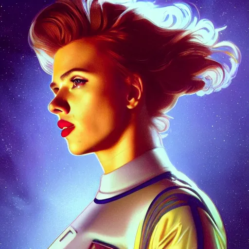 Prompt: a close-up of Scarlett Johansson as an astronaut, long hair, dramatic backlighting, stars, golden hour, autochrome, high contrast, highly detailed, sharp focus, digital painting, concept art, illustration, trending on artstation, art by greg rutkowski + greg hildebrandt + alphonse mucha