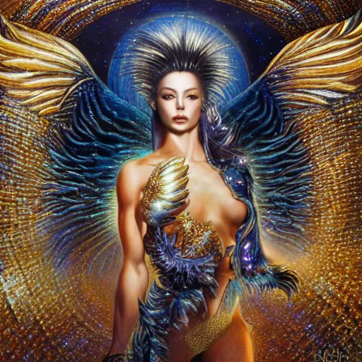 Prompt: full muscular body made of diamonds , golden feathers ,thunder, shining light, nebulas, god rays by Karol Bak, Ayami Kojima, Amano and Olivier Ledroit