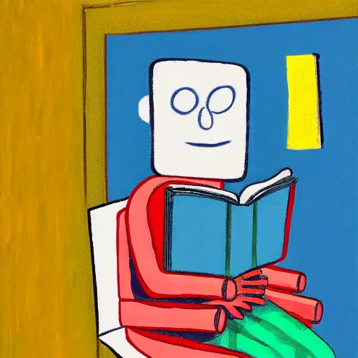 Prompt: a robot reading a book by david hockney