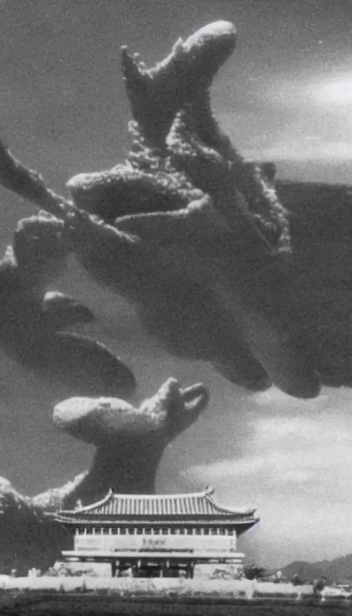 Image similar to a film still of a north korean monster movie, kaiju - eiga monster starfish - like over traditional korean palace, film noir, video compression, ripple effect