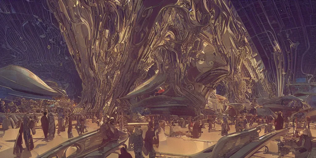 Image similar to a cinematic shot of the interior of a sci - fi space station with ornate elven architecture bustling with people by jean giraud moebius, crystalline, emerald, detailed matte illustration by moebius, clean lines, sharp focus