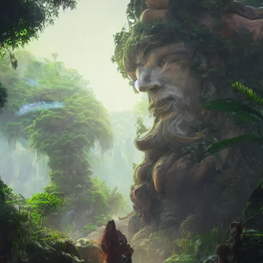 Prompt: concept art of a jungle path with a huge stone woman statue, religious, in the style of fenghua zhong and ruan jia and jeremy lipking and peter mohrbacher, mystical colors, rim light, beautiful lighting, 8 k, stunning scene, raytracing, octane, trending on artstation