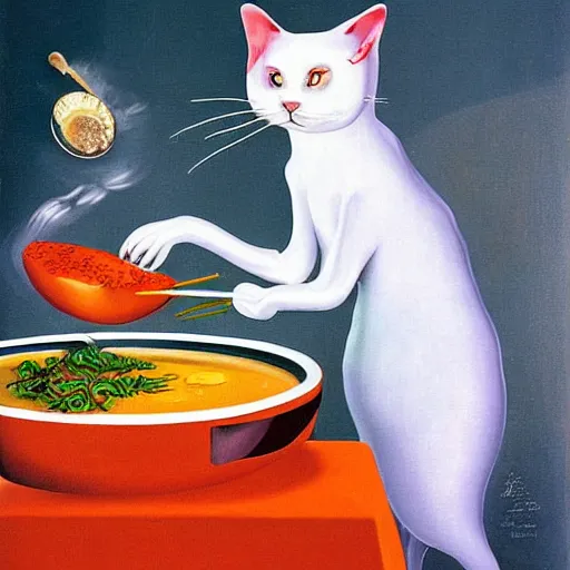 Prompt: anthropomorphic cat chef cooking a delicious colorful soup, by Salvador Dali