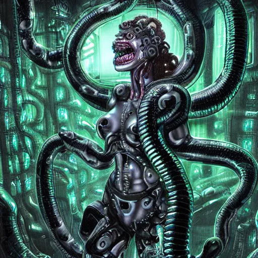 Image similar to the upper torso of a terminator gorgon medusa with borg implants and robotic snakes coming out of her head is hanging from cables and wires off the ceiling of a lab. Tiny green led lights in her cybernetics. She is bolding a cup of coffee. very detailed 8k. Art by nekro. Horror style.