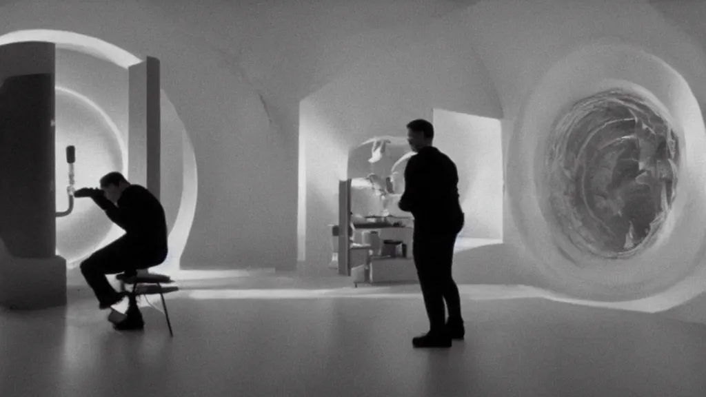 Image similar to an mri slice of james cavell in the living room, film still from the movie directed by denis villeneuve with art direction by salvador dali, wide lens