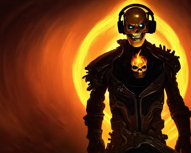 Prompt: a 4 k cinematic screenshot still portrait of ghost rider in a dark luminal space room listening to music wearing headphones, deep focus, d & d, fantasy, intricate, elegant, highly detailed, digital painting, artstation, concept art, matte, sharp focus, illustration, dark fantasy style art, hearthstone, art by artgerm and greg rutkowski and alphonse mucha