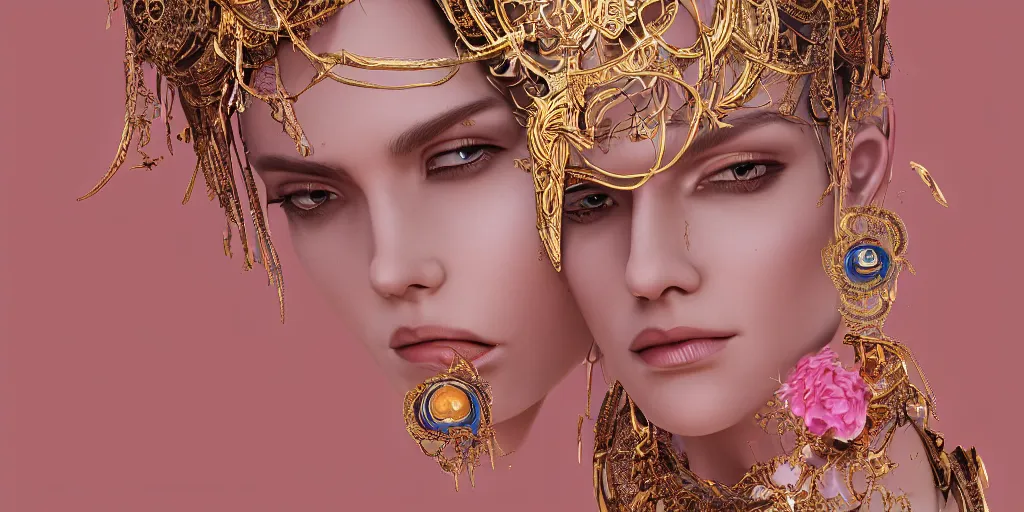 Image similar to studio portrait of a beautiful flawless symmetrical man wearing intricate otherworldly gold and white jewelry and wearing an ornate elegant pink headdress, very detailed, octane render, photorealism, minimalism, abstract art, retrofuturism, f / 2. 8, digital art, on artstation