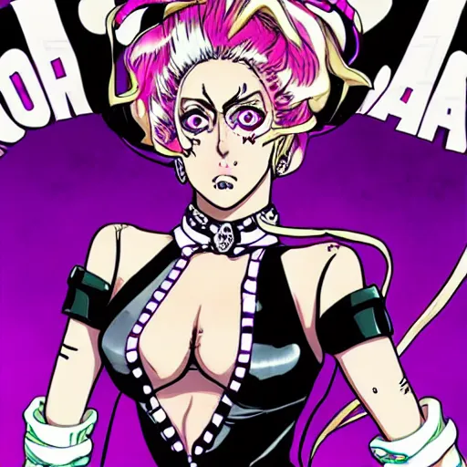 Image similar to Lady Gaga in the style of Jojo’s Bizarre Adventure manga style, jojo cover art, Jojolion art style, Steel Ball Run art style, Illustrated by Hirohiko Araki