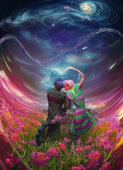 Image similar to An epic fantastic realism comic book style painting of the most beautiful entwined flowers launched across the dark and starry night sky, nebulous bouquets, fisheye lens, unreal 5, DAZ, hyperrealistic, octane render, dynamic lighting