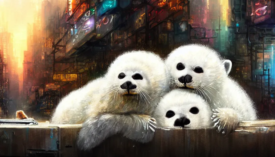 Image similar to highly detailed painting of cute furry white baby seals cuddled up in a cardboard box in a dystopian cyberpunk street by william turner, thick brush strokes and visible paint layers, 4 k resolution, retrowave colour scheme