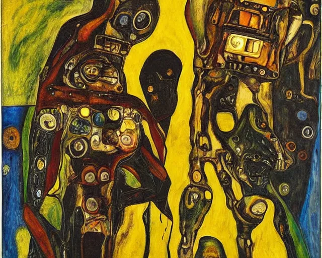 Image similar to a painting of a aliens and robots by graham sutherland, egon schiele, gustav klimt!, expressionism